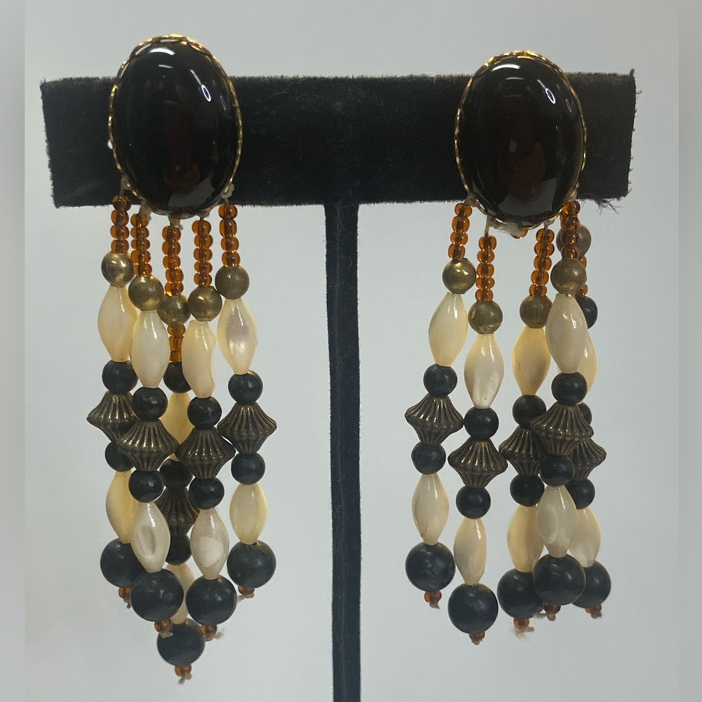 Elegant Black and Gold beaded, vintage clip on Dangle Earrings
